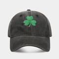 Retro gewaschene schwarze Baumwoll-Baseballkappe mit grünem Kleeblatt-Stickerei für Damen und Herren - Baseballkappe / Schwarz