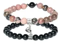 Magnetic heart couple bracelet set with pink marble beads and black polished stones - Rhodonite & Black Glass With White Magnet