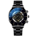 Men's stainless steel watch with deep blue gradient dial and black strap on white background - Black Case Gold Hands