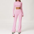 Ensemble de yoga rose 2 pièces avec crop top à manches longues et pantalon évasé moulant - S / Manches Longues + Pantalon Évasé / Rose Sakura