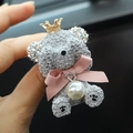 Detail of gray teddy bear car air vent clip with crown, rhinestone ears and pearl pendant - Grey Teddy Bear Vent Clip / Gray