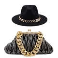 British style wool fedora and pleated handbag set with bold gold chain accents - M(56-58cm) / Black British Set