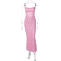 Detail shot of pink floral summer maxi dress featuring a slim fit and backless design - S / Pink
