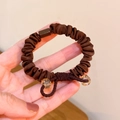 Brown silk scrunchie with square accent and faceted beads for high ponytail styling - Dark Coffee Crystal Decor Scrunchie 1Pc