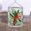 Stained glass red cardinal suncatcher on green leaf branch with faceted border - Style 7 (Single Red Bird)