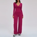 Magenta brushed yoga set featuring V-neck wrap long sleeve top and high waist wide leg pants - S / Top And Bottom / Raspberry Red