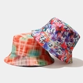 Double-sided reversible sun hat with colorful graffiti print and orange plaid pattern - Orange Green Checkered and Multi-color Graffiti (3#色)