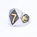 Silver punk skull ring with golden number seven and textured diamond-shaped face - US Size 14 / Gold & Silver
