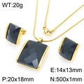 Gold stainless steel jewelry set featuring a black rectangular glass pendant and earrings - Gold Black (KS225763-GC)