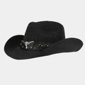 Classic black Western cowboy straw hat with silver bull head and leather trim - Black
