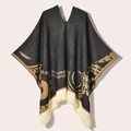 Women's black knit poncho shawl with beige tassels and golden floral pattern details - 130x150cm / Pullover Poncho Origin Black Coffee