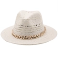 White handwoven straw jazz hat with a chunky gold chain accent for summer sun protection - M (56-58cm) / Pure White