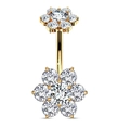 Goldener Bauchnabelpiercing mit glitzernden Zirkonia Blumen auf weißem Hintergrund - Stil 20 Gold