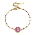 Detail of gold stainless steel Virgo bracelet with purple beads and zodiac pendant - Stainless Steel / Virgo-Purple