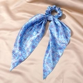 Blue silk hair scrunchie with evil eye pattern and long ribbons on beige silk fabric - 4# Blue Multi-Eyes