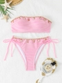 Close-up of pink bikini with scalloped lace edges and ocean-themed shell charm details - S / Pink