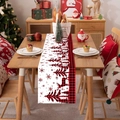 Christmas table runner with red-black plaid and reindeer silhouette on a wooden dining table - Black and Red Plaid Christmas Tree & Reindeer