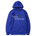 Blue Merry Christmas hoodie featuring festive 2D print and adjustable hood in flat lay view - S / Blue