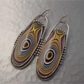 Bohemian geometric oval drop earrings with colorful spiral patterns and silver metal trim - S546 Colored Concentric