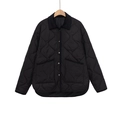 Women's black quilted jacket with corduroy collar and button closure on white background - XS / Black