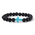 Men's beaded bracelet with black volcanic lava stones and a turquoise cross bead - Lava Stone with Blue Cross