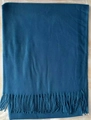 Thick solid peacock blue cashmere-like scarf with fringe tassels in flat lay view - Malachite green