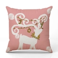 Rosa Kissenbezug mit Hirschmotiv und goldenem JOY-Schriftzug auf Leinenhintergrund - Rosa Elch Joy Muster