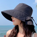 Women's black wide brim sun hat featuring an elegant bow tie and UV neck protection - Black