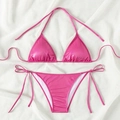 Hot pink metallic two-piece bikini set with tie-up triangle top and side-tie bottoms - XS / Rose Red
