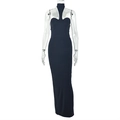 Close-up of a black bodycon maxi dress featuring a halter neckline and backless design - S / Black