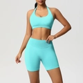 Mint blue two-piece yoga set with halter sports bra and high waist biker shorts - XS / Mint Green