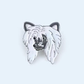 Detailed view of enamel puppy pin featuring a fluffy dog face with silver metal trim - 14-Chinese Crested/Longhair White Dog