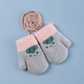 Pink and grey kids knit mittens with cute cartoon strawberry detail and hanging string - 0-2 Years / Gray