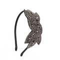 Detail of handcrafted bohemian headband with dark grey beads and sequins on black satin - Style 4 (Silver Gray)