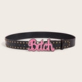 Cintura punk in pelle nera con borchie dorate e fibbia rosa con scritta Bitch - Nero