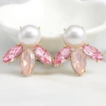 Elegant gold drop earrings featuring large white pearls and pink marquise-cut crystals - Pink
