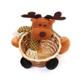 Panier de Noël en bambou pour bonbons avec renne en peluche et écharpe tricotée - Renne à Rayures