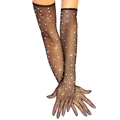Long black fishnet gloves for women with shiny silver rhinestones and mesh texture - Rhinestone Fingerless / Black