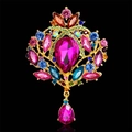 Baroque style gold brooch with a large rose red pear-shaped gem and multicolor stones - 18k Gold Plated Multicolor