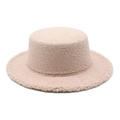 Close-up of soft pink lamb wool flat top fedora hat with warm textured plush fabric - M (56-58cm) / Pink