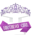 Silver birthday crown with purple rhinestones and matching glitter sash for girls - One Size / Light Purple Girl Set