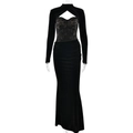 Abito lungo slim in velluto nero con inserti in pizzo trasparente e dettagli a corsetto - S / Nero