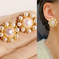 Elegant gold flower pearl earrings with iridescent center and white accents - Sunflower Iridescent Pearl Style (Style 10)