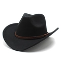 Classic black wide brim wool felt cowboy hat with embossed brown leather band for men and women - M (56-58cm) / Black