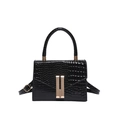 Retro black crocodile pattern top-handle bag with gold buckles and glossy leather finish - Black