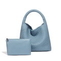 Handwoven light blue leather hobo bag and matching zipper pouch set with woven texture - Haze Blue
