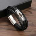 Bracciale minimalista in pelle multistrato nera con nodo in metallo argento e chiusura magnetica - 21.5cm / Nero + Argento