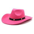 Détail du chapeau en feutre de laine rose fuchsia avec ruban noir et clous dorés - M(56-58cm) / Rose rouge