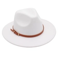 Top view of a white wide brim wool fedora with a brown leather belt buckle detail - M (56-58cm) / White