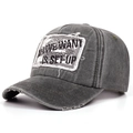 Detail of vintage washed gray baseball cap with distressed brim and letter embroidery - Adjustable / Gray